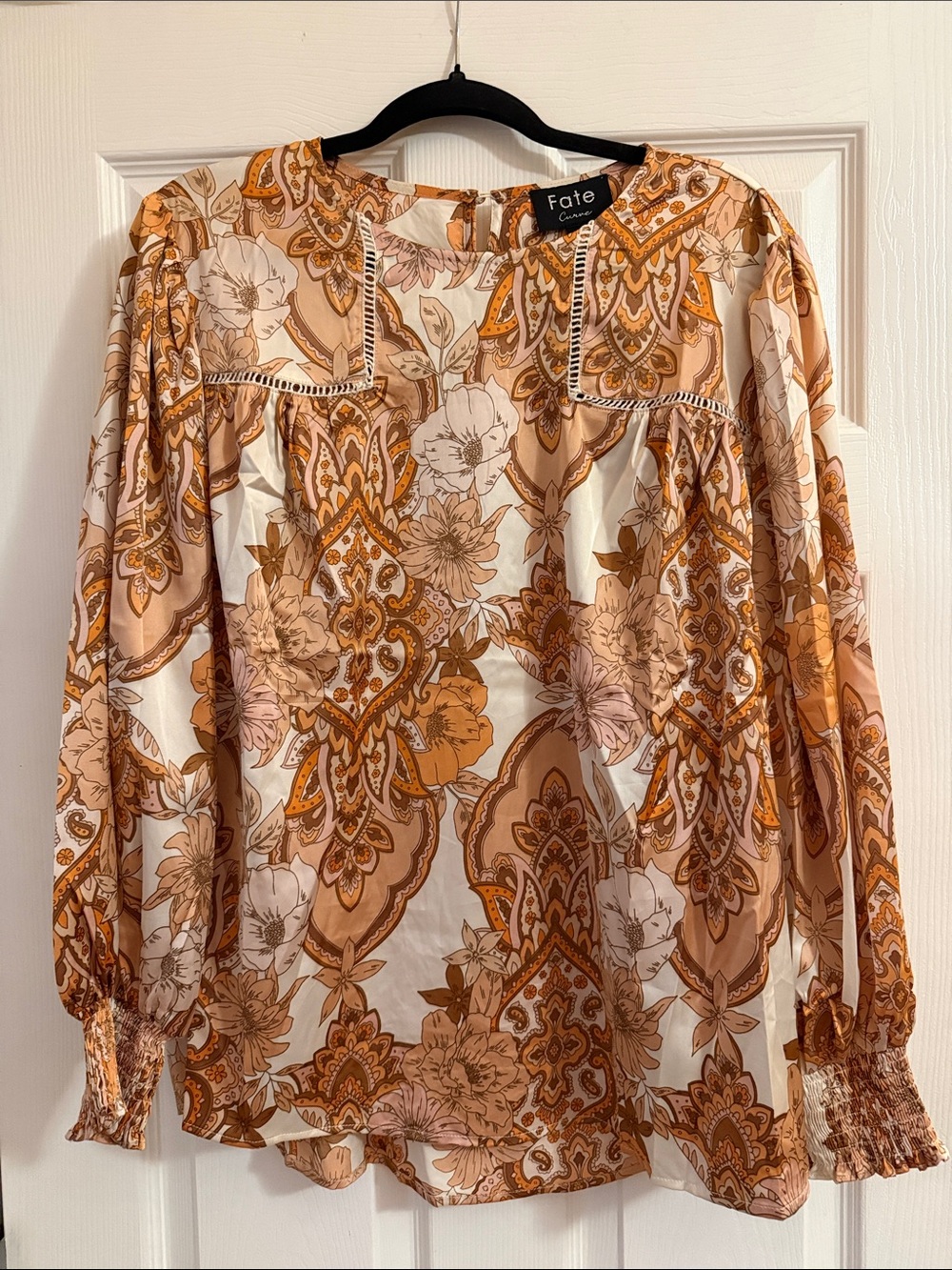 Fate Paisley Floral Long-Sleeve Blouse in Orange, Cream, and Tan